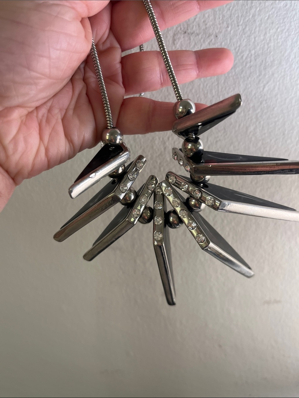 Silver Spike Pendant Necklace with Clear Accent Stones - Women Jewelry